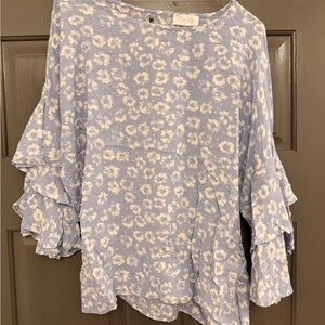 Pink Lily Blue Floral Ruffle Sleeve Blouse